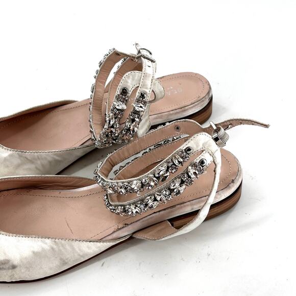 BEAUTIISOLES Cathy Flats 11 White Satin Jewel Ankle Strap Bridal Wedding - Picture 6 of 9
